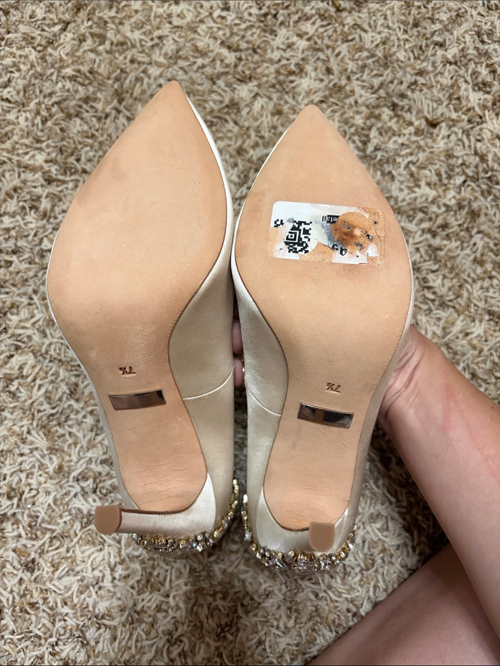 Badgley Mischka Cream Satin Pointed-Toe Pumps with Crystal Embellishment - Picture 4 of 4